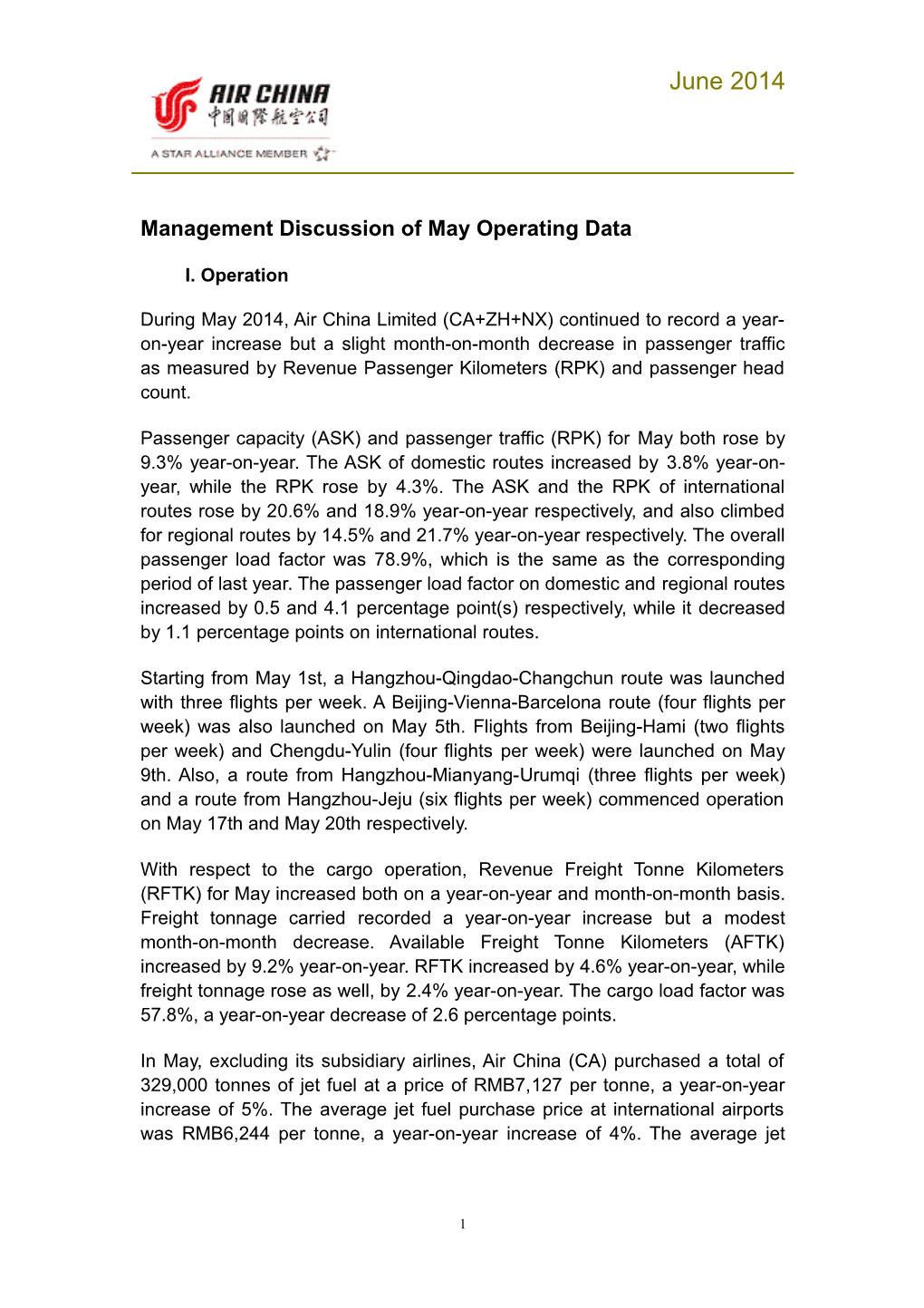 Management Discussion of May Operating Datai. Operation