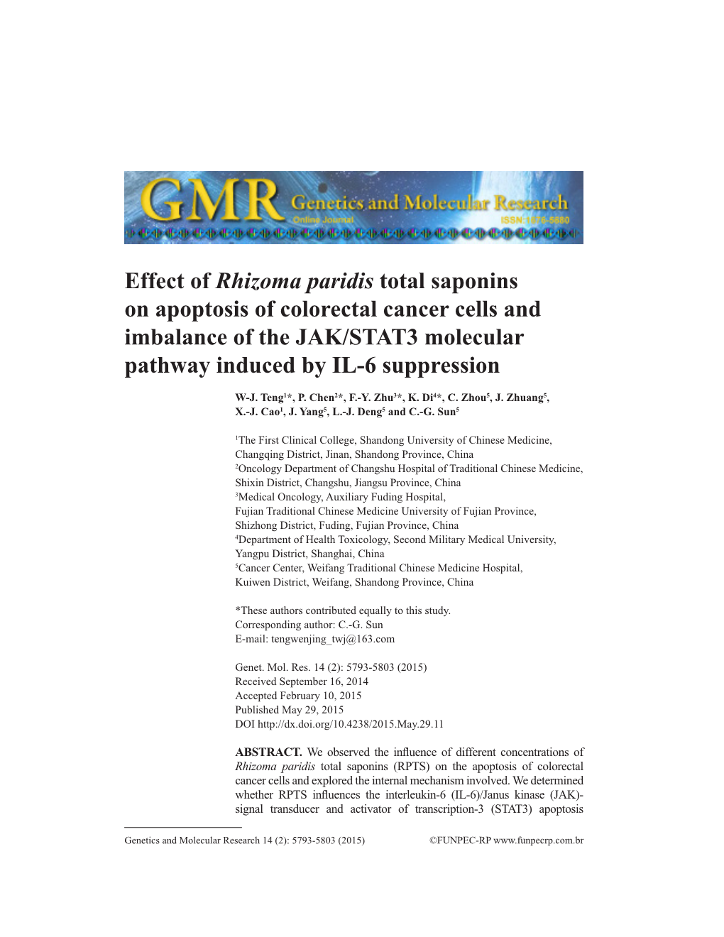 Effect of Rhizoma Paridis Total Saponins on Apoptosis of Colorectal Cancer Cells and Imbalance of the JAK/STAT3 Molecular Pathway Induced by IL-6 Suppression