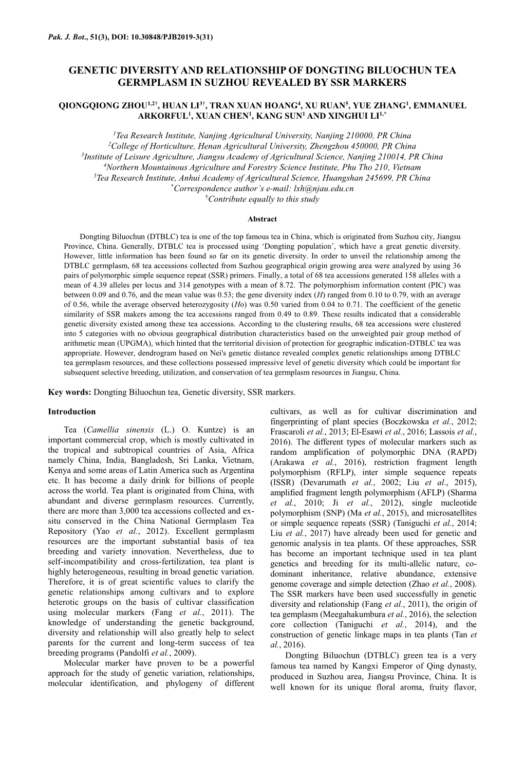 Genetic Diversity and Relationship of Dongting Biluochun Tea Germplasm in Suzhou Revealed by Ssr Markers