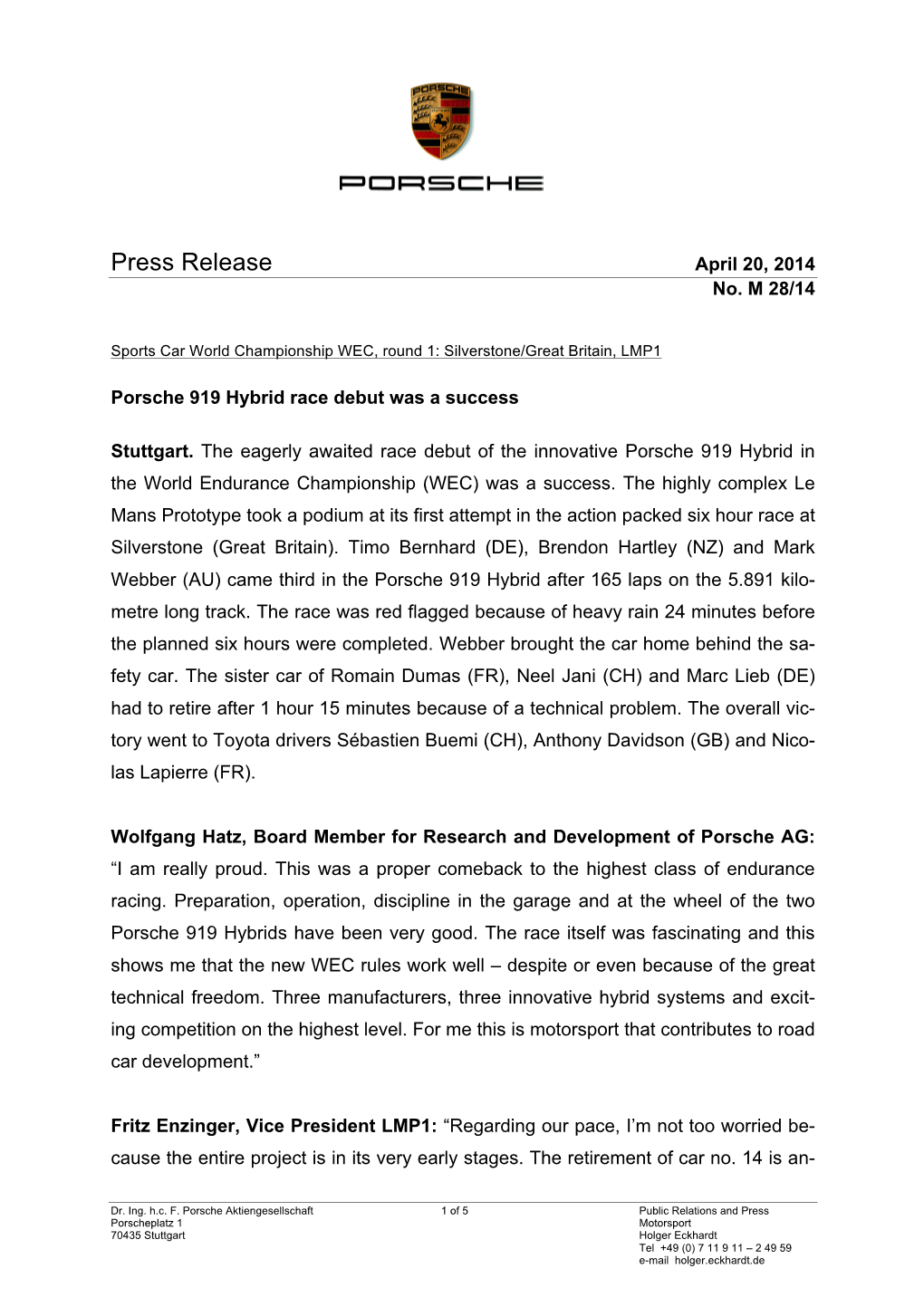 Press Release April 20, 2014 No