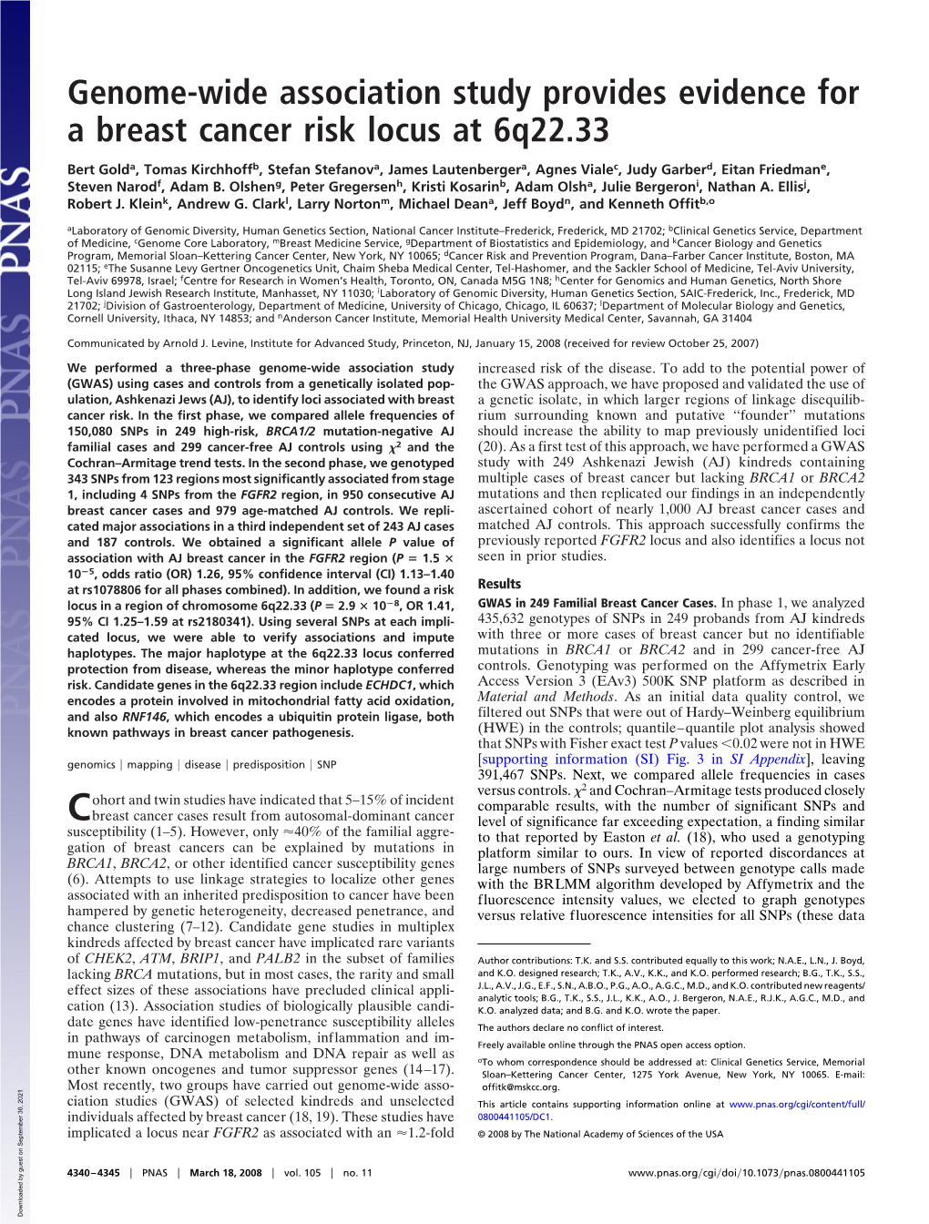 Genome-Wide Association Study Provides Evidence for a Breast Cancer Risk Locus at 6Q22.33