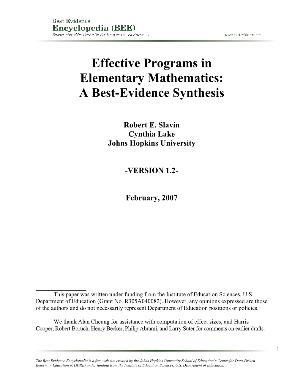 Effective Programs in Elementary Mathematics: a Best-Evidence Synthesis