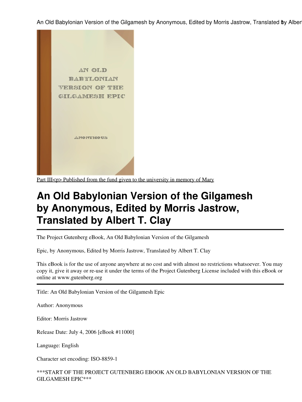 An Old Babylonian Version of the Gilgamesh Epic