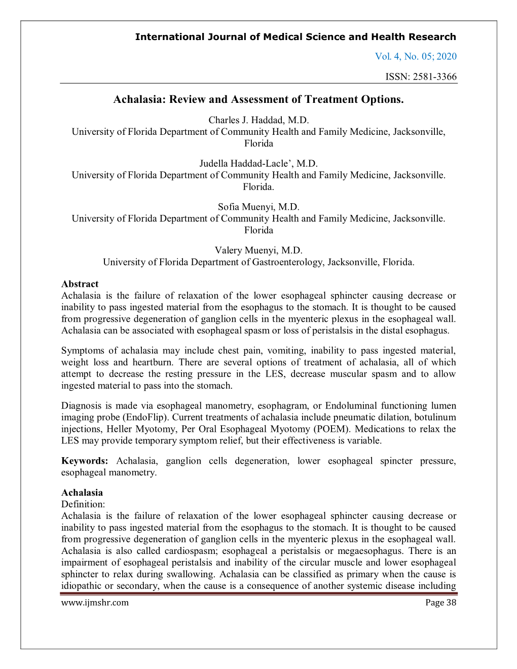 Achalasia: Review and Assessment of Treatment Options
