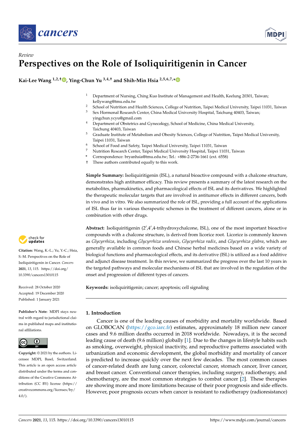 Perspectives on the Role of Isoliquiritigenin in Cancer