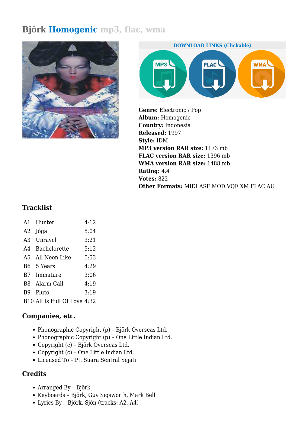 Björk Homogenic Mp3, Flac, Wma