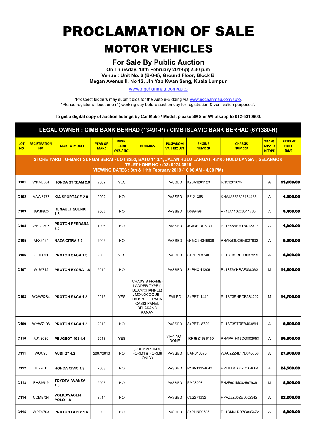 PROCLAMATION of SALE MOTOR VEHICLES for Sale by Public Auction on Thursday, 14Th February 2019 @ 2.30 P.M Venue : Unit No