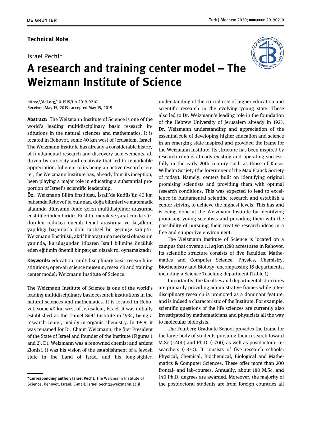 A Research and Training Center Model–The Weizmann Institute of Science