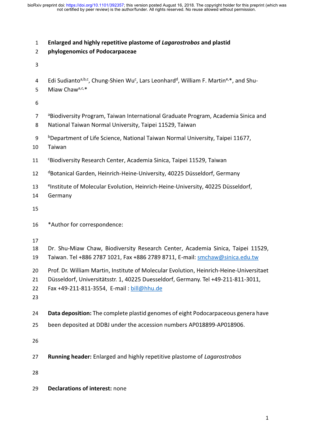 Enlarged and Highly Repetitive Plastome of Lagarostrobos and Plastid 2 Phylogenomics of Podocarpaceae