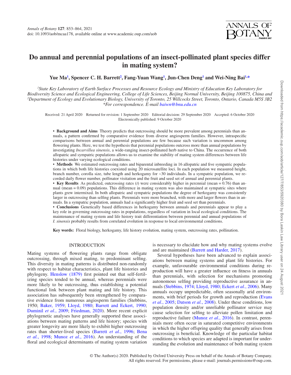 Do Annual and Perennial Populations of an Insect-Pollinated Plant Species Differ in Mating System?