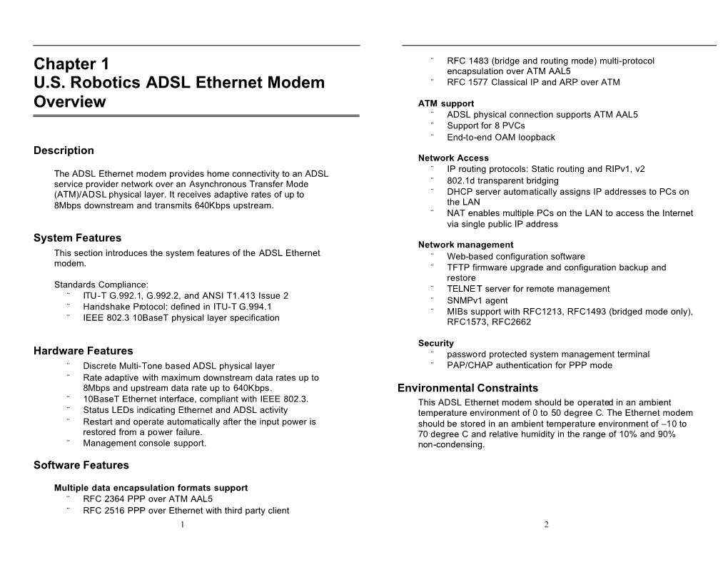 Chapter 1 U.S. Robotics ADSL Ethernet Modem Overview