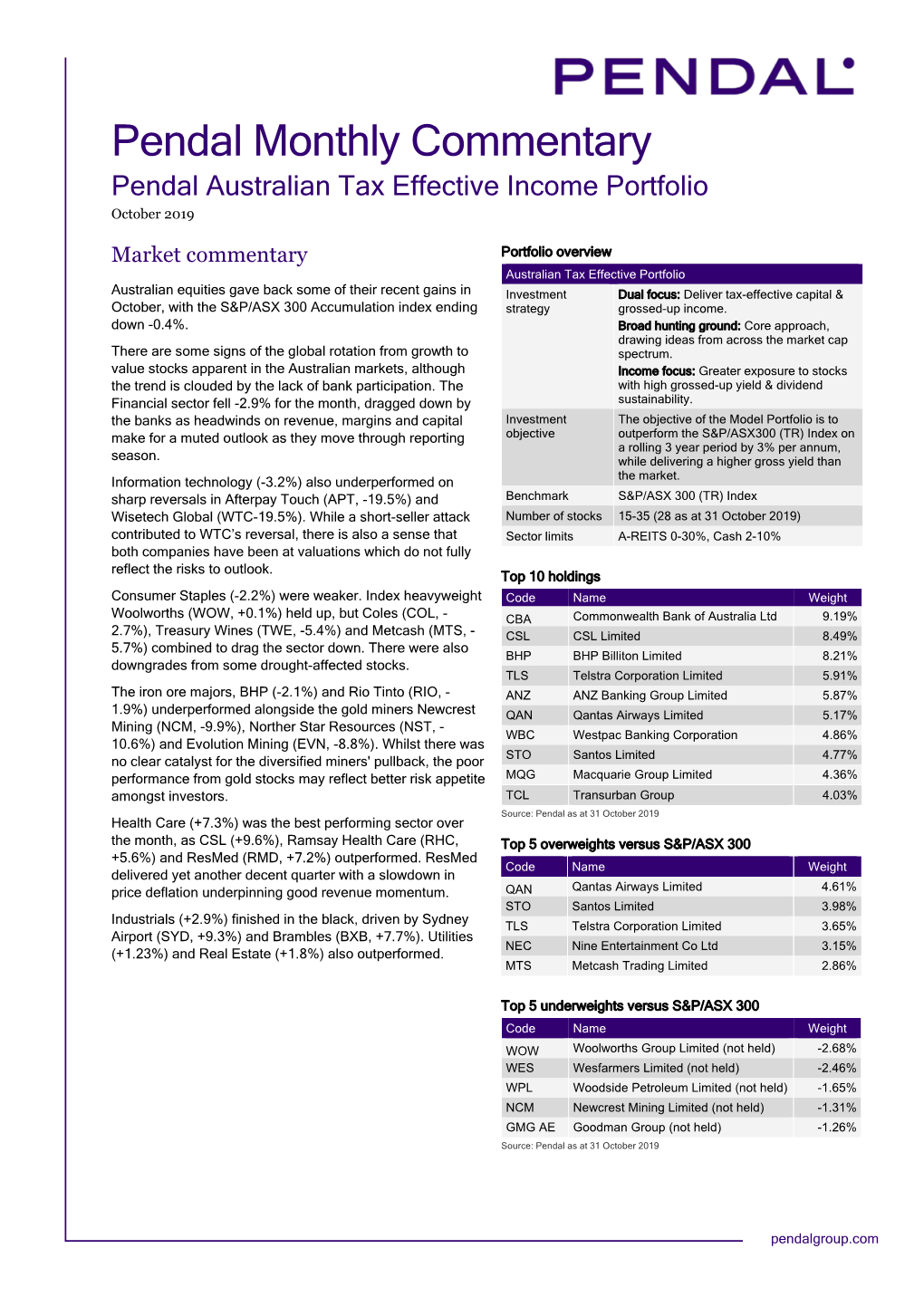 Pendal Monthly Commentary Pendal Australian Tax Effective Income Portfolio October 2019