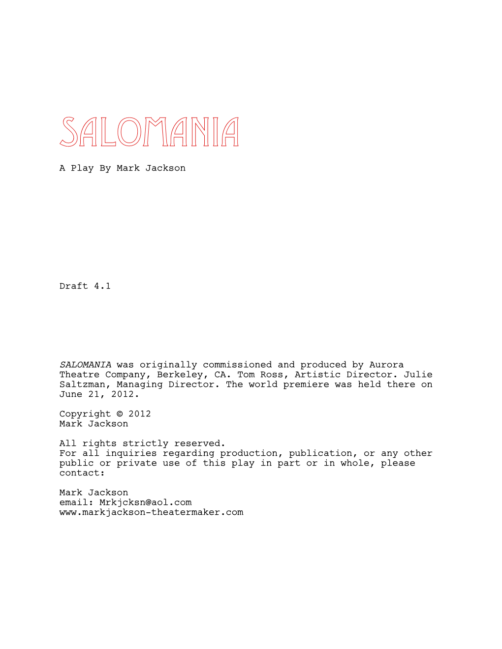 Salomania a Play by Mark Jackson