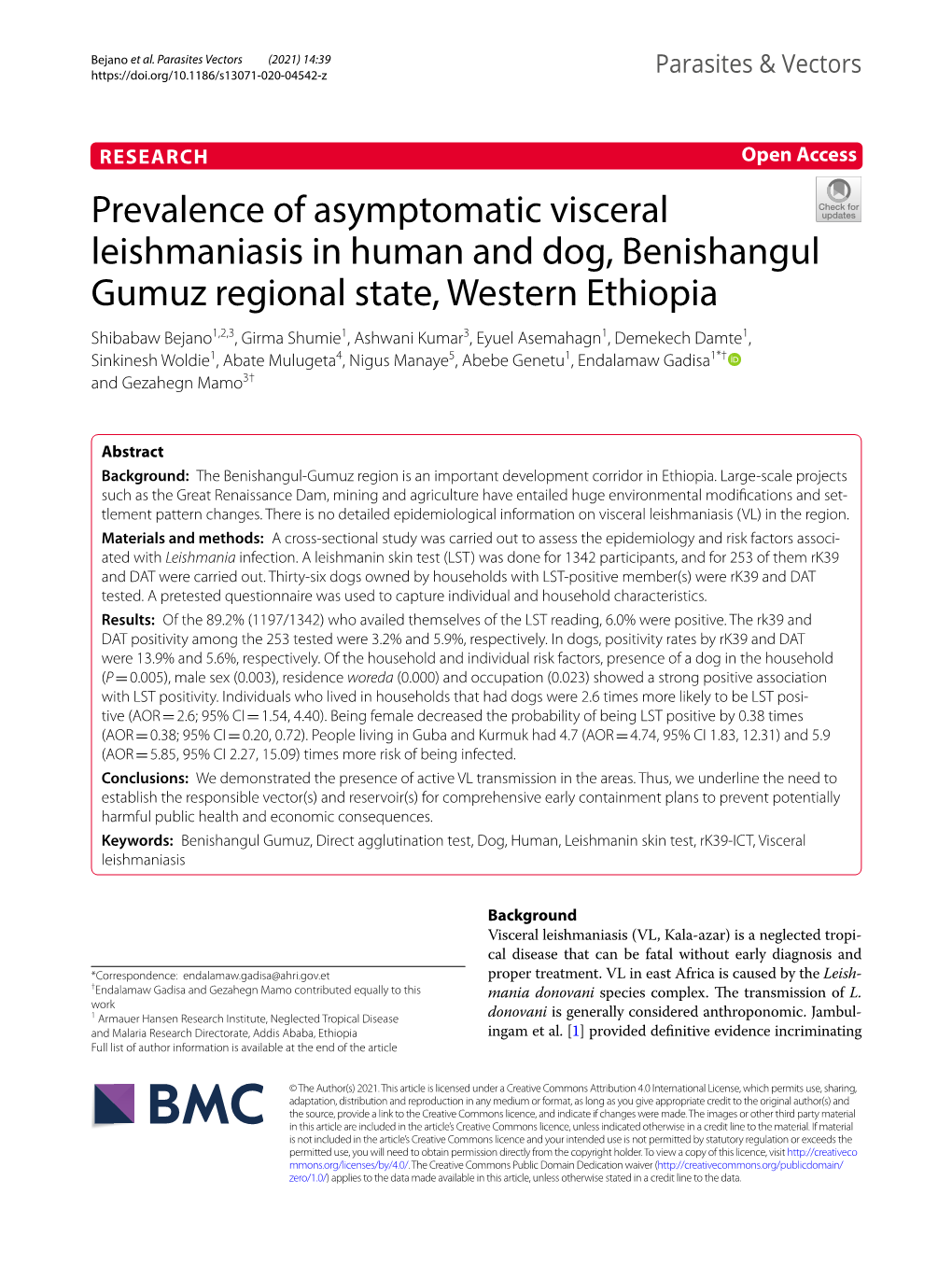 Prevalence of Asymptomatic Visceral Leishmaniasis in Human and Dog