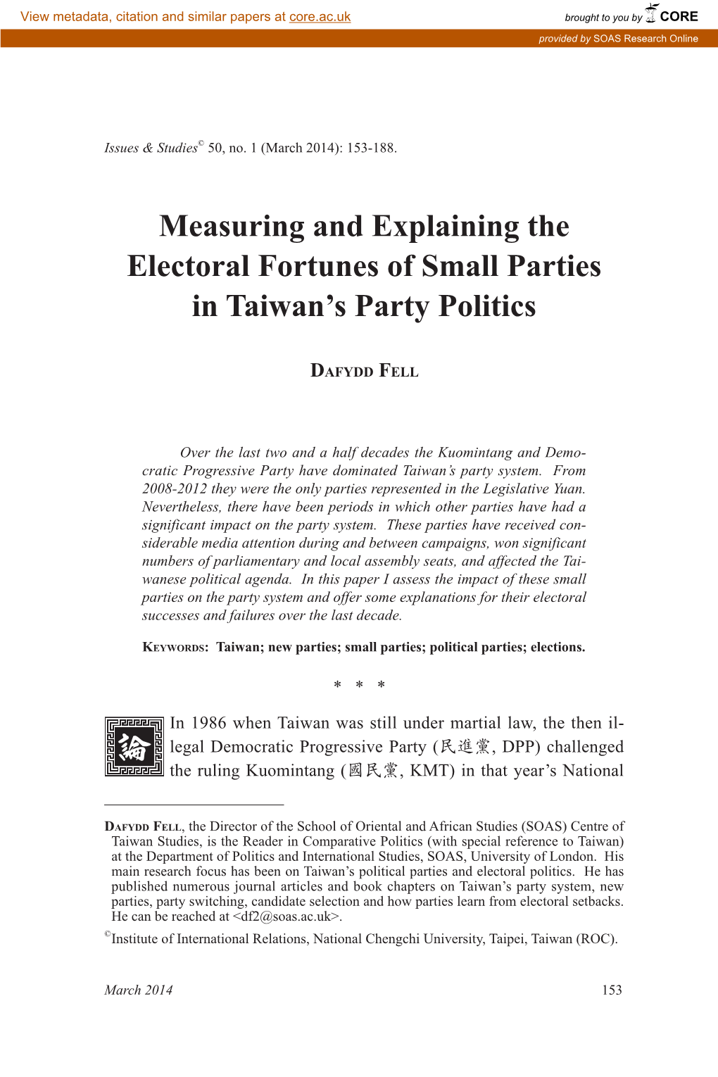 Measuring and Explaining the Electoral Fortunes of Small Parties in Taiwan’S Party Politics