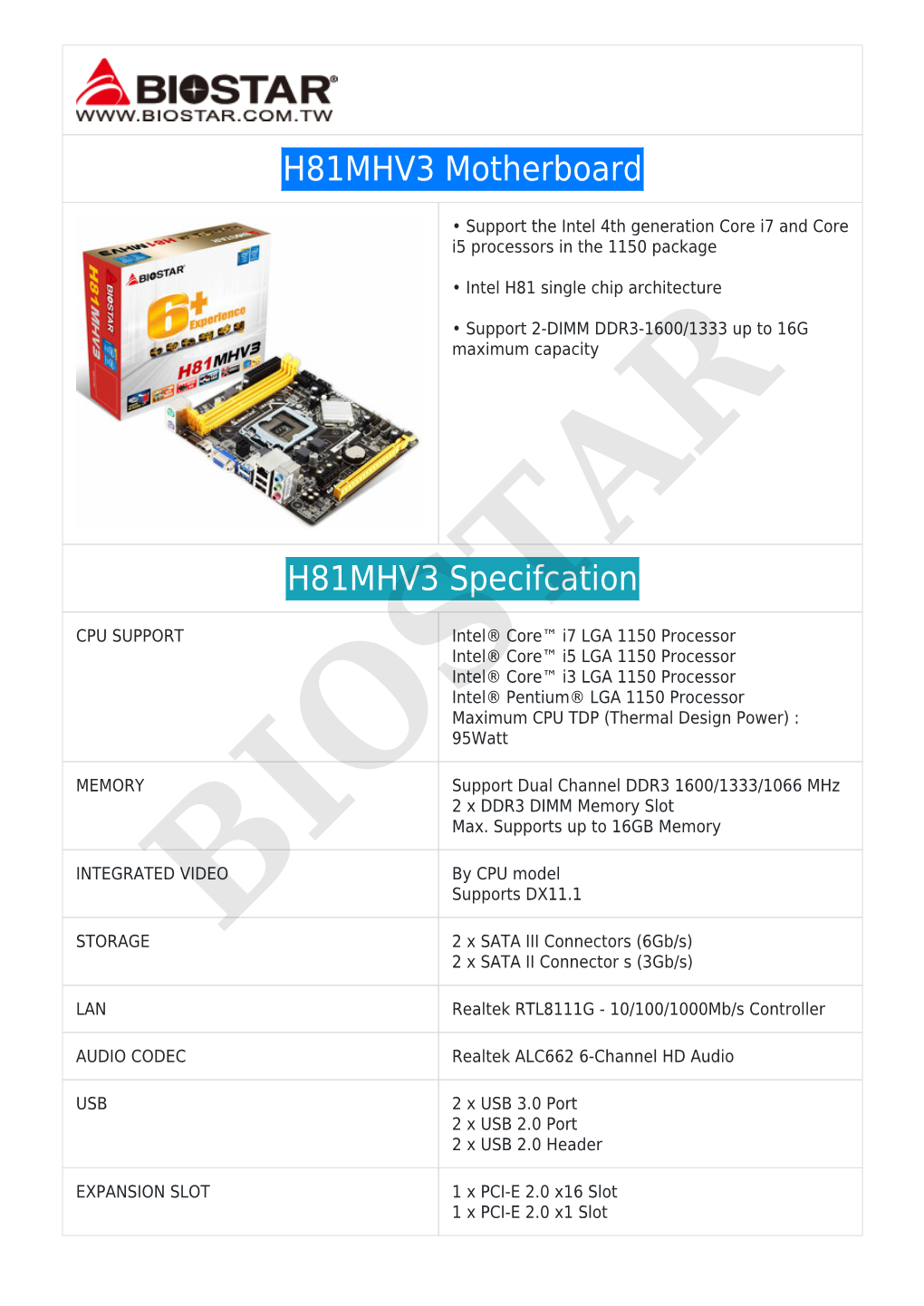 H81MHV3 Motherboard H81MHV3 Specifcation