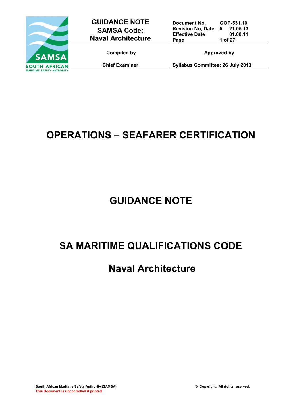 GOP-531.10 Revision No, Date 5 21.05.13 SAMSA Code: Effective Date 01.08.11 Naval Architecture Page 1 of 27