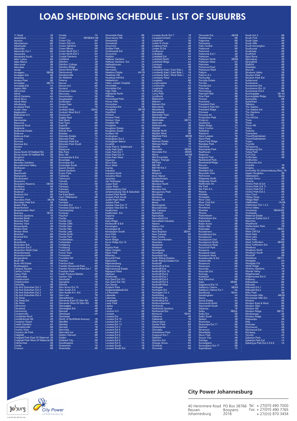 Load Shedding Schedule - List of Suburbs