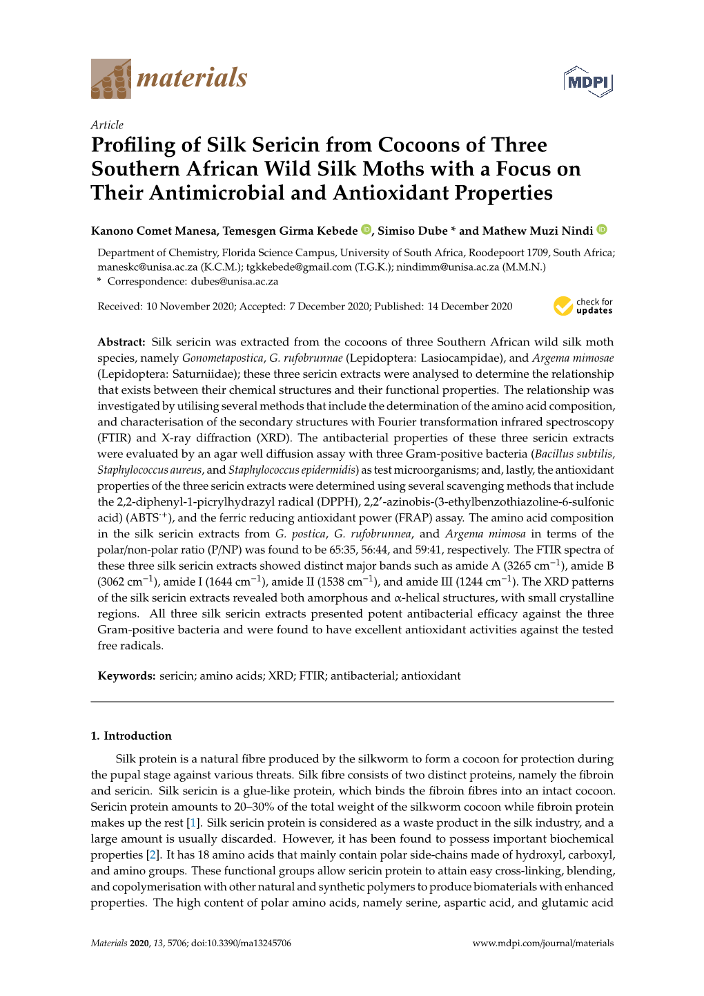 Profiling of Silk Sericin from Cocoons of Three Southern African Wild Silk