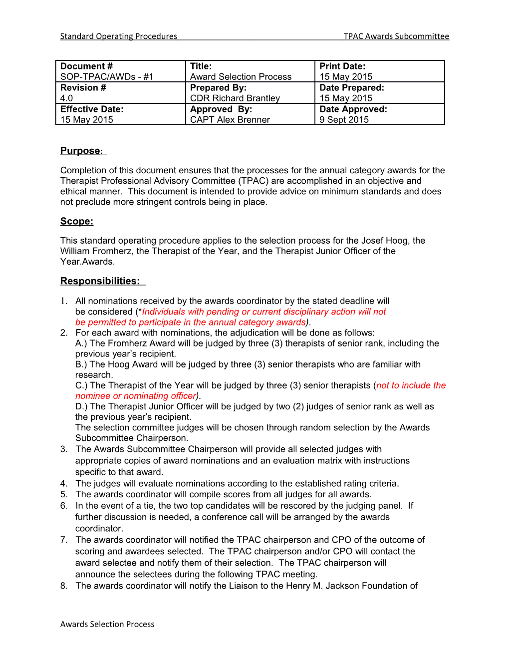 Standard Operating Procedures TPAC Awards Subcommittee