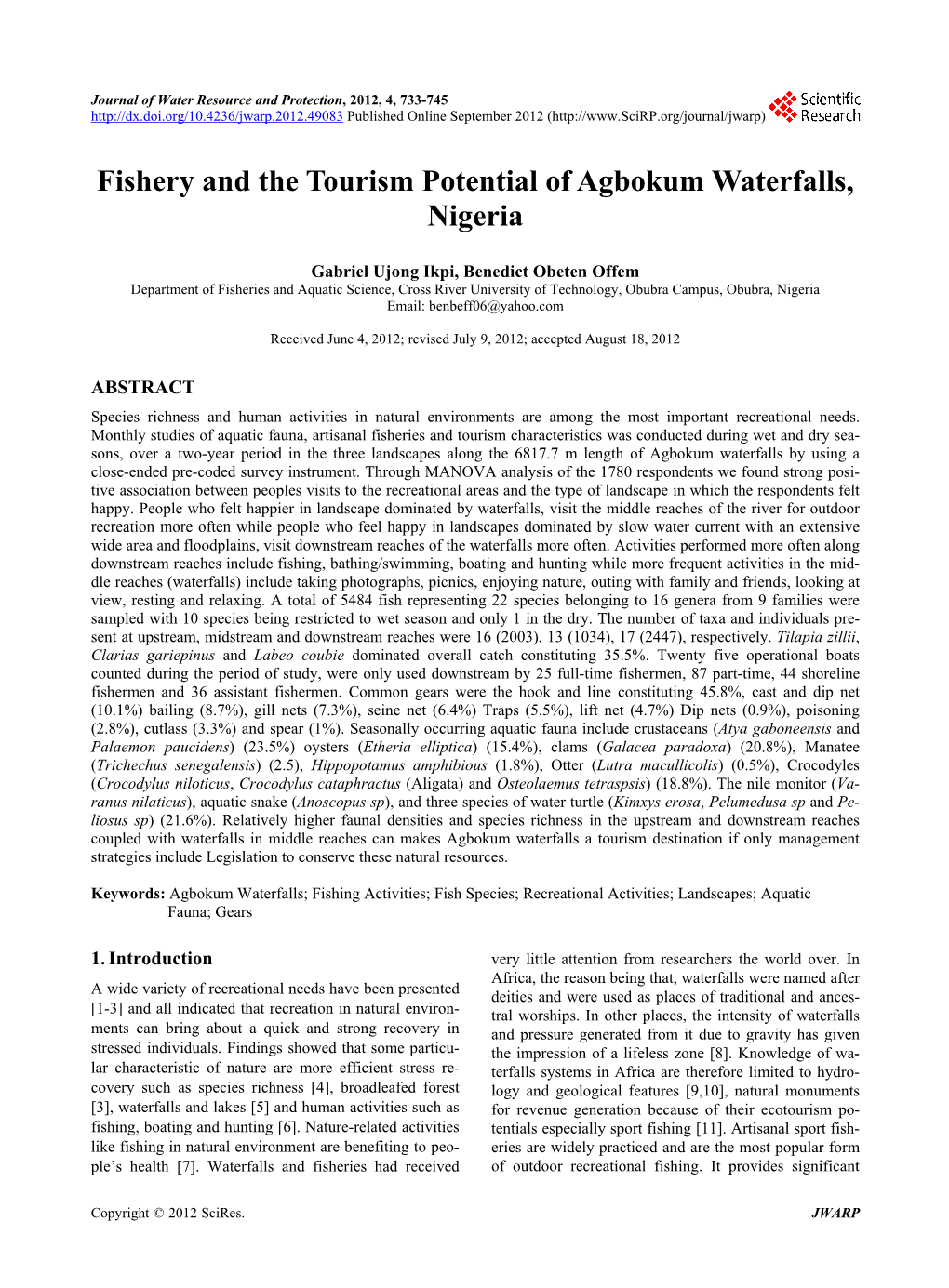 Fishery and the Tourism Potential of Agbokum Waterfalls, Nigeria