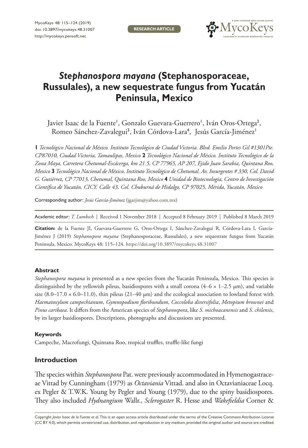 Stephanospora Mayana (Stephanosporaceae, Russulales), a New Sequestrate Fungus from Yucatán Peninsula, Mexico