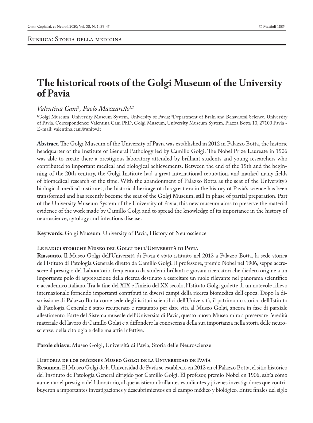 The Historical Roots of the Golgi Museum of the University of Pavia