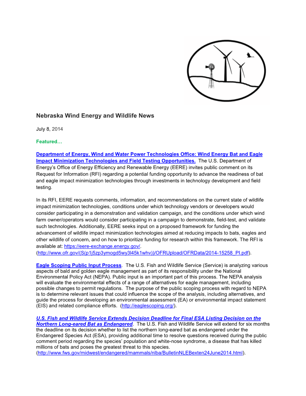 Nebraska Wind Energy and Wildlife News