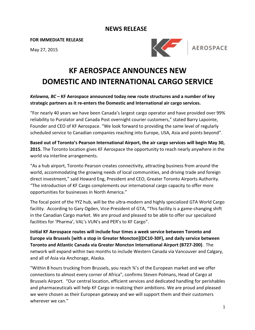 Kf Aerospace Announces New Domestic and International Cargo Service