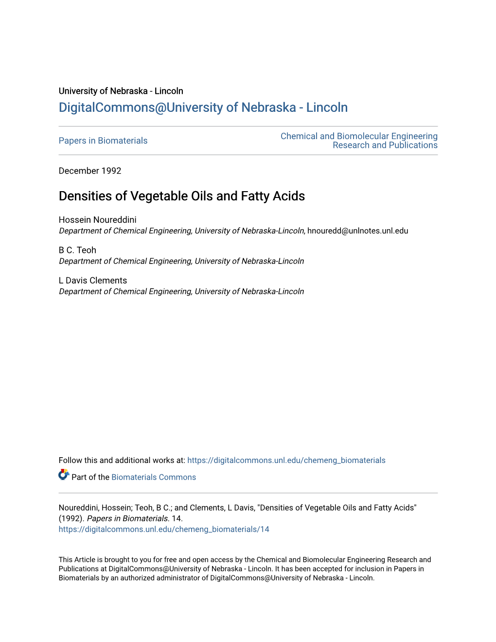 Densities of Vegetable Oils and Fatty Acids