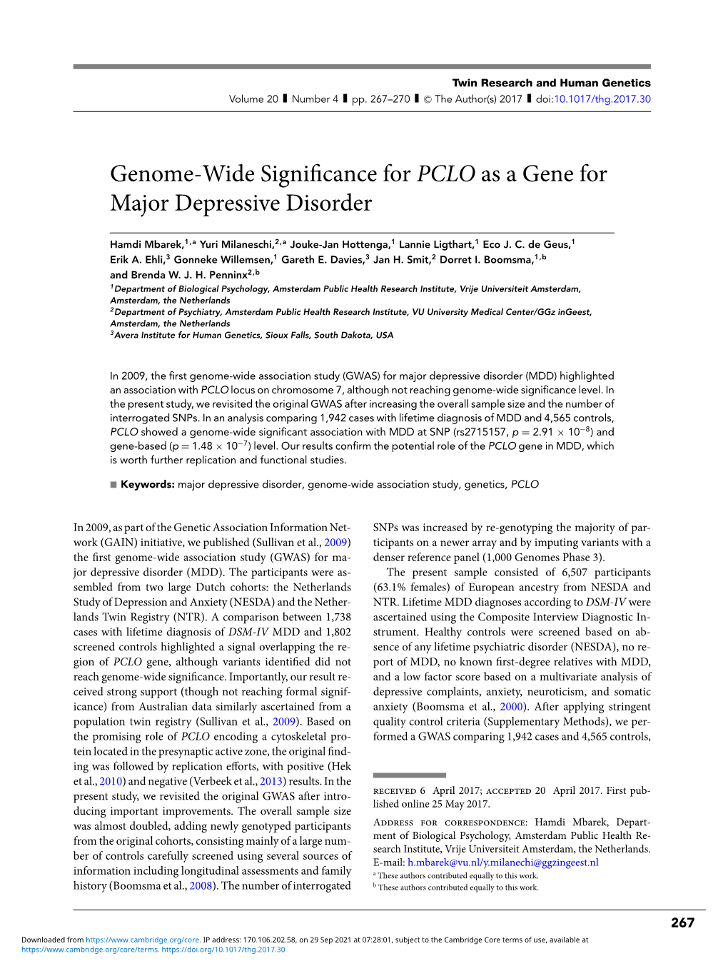 Genome-Wide Significance for PCLO As a Gene for Major Depressive Disorder