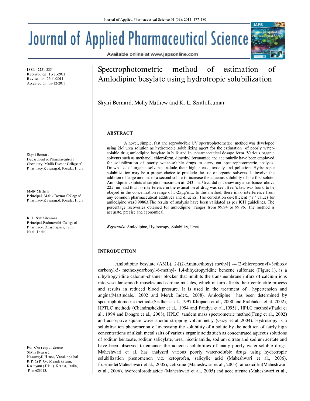 Spectrophotometric Method of Estimation of Amlodipine Besylate