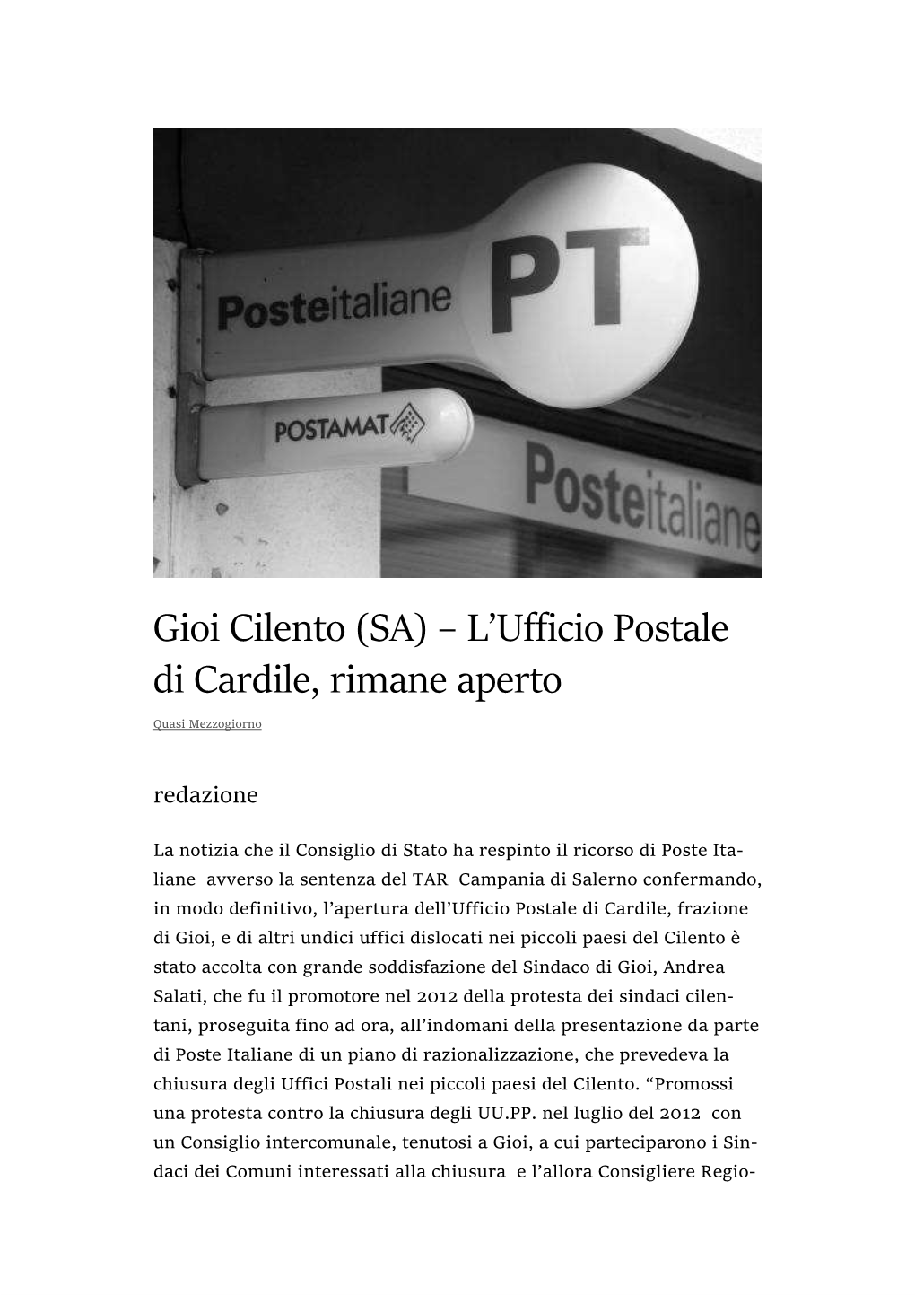 Gioi Cilento (SA) – L'ufficio Postale Di Cardile, Rimane Aperto