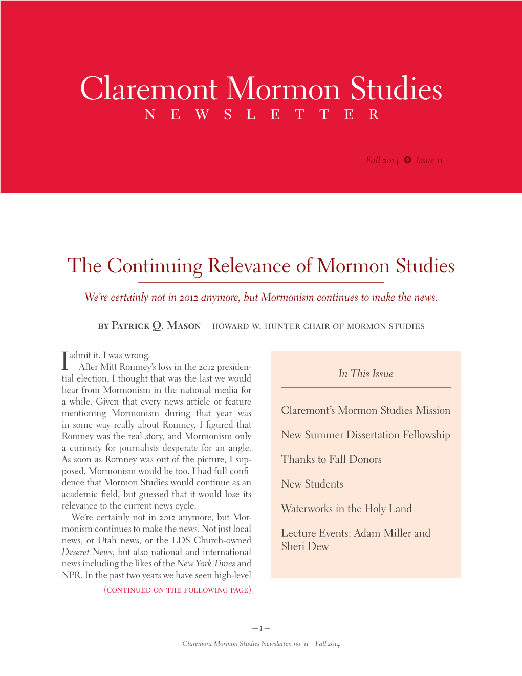 Claremont Mormon Studies Newsletter