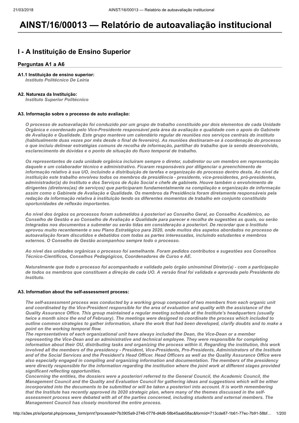 AINST/16/00013 — Relatório De Autoavaliação Institucional AINST/16/00013 — Relatório De Autoavaliação Institucional