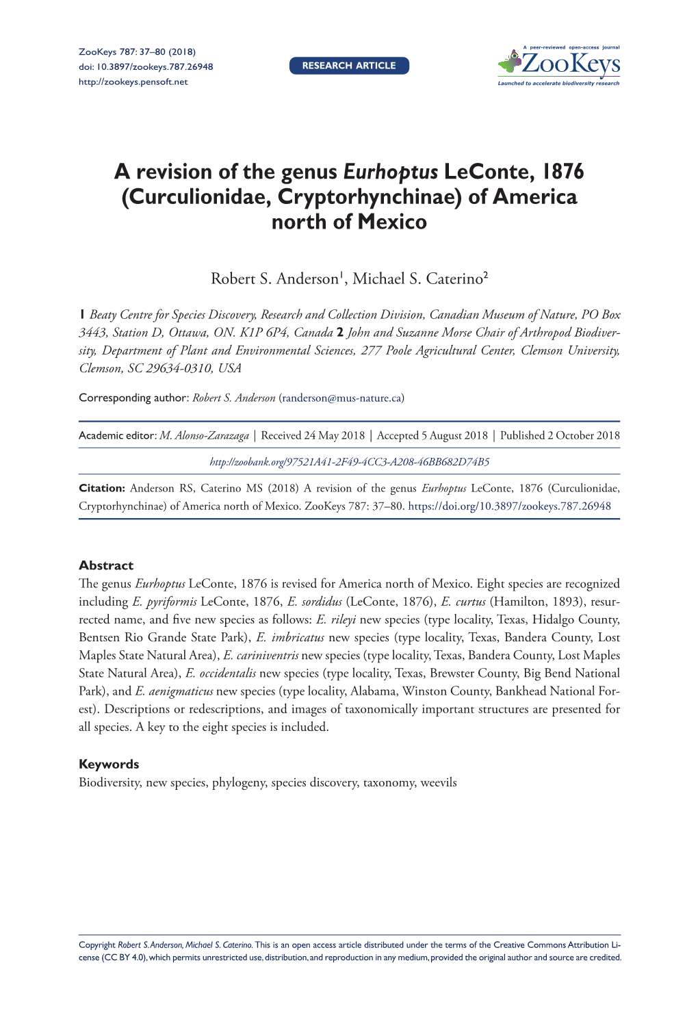 A Revision of the Genus Eurhoptus Leconte, 1876 (Curculionidae, Cryptorhynchinae) of America North of Mexico