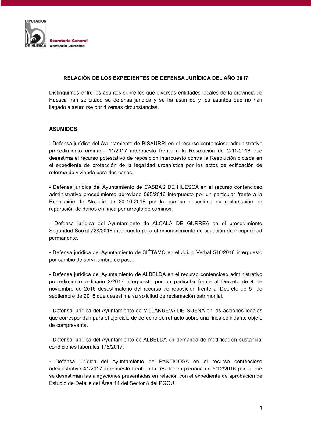 Relación De Los Expedientes De Defensa Jurídica Del Año 2017