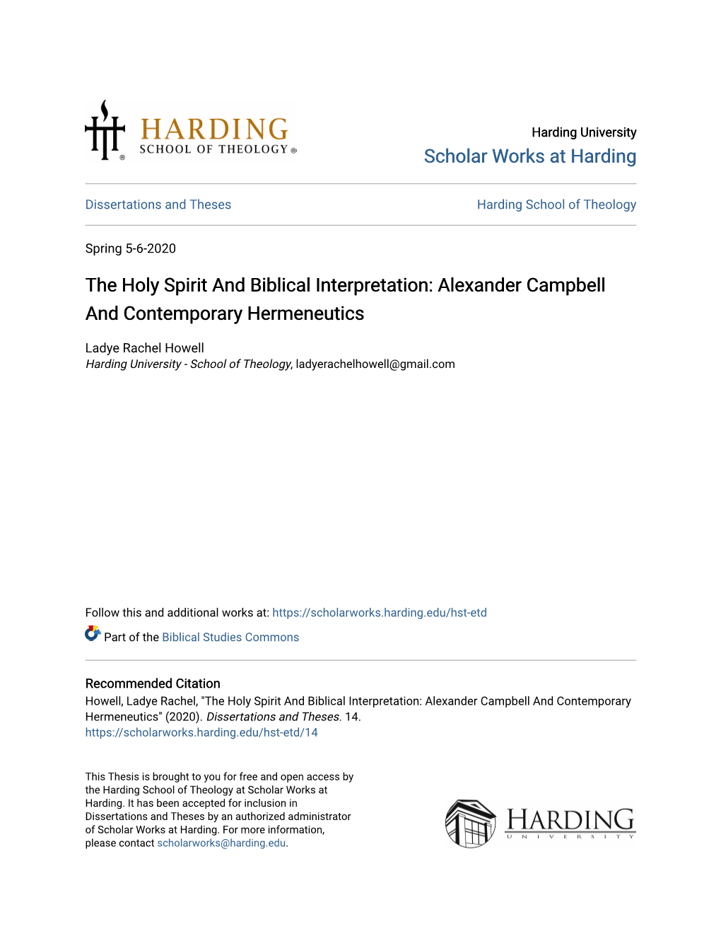 The Holy Spirit and Biblical Interpretation: Alexander Campbell and Contemporary Hermeneutics