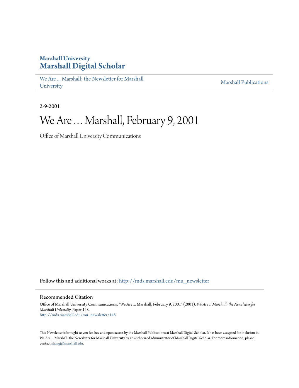 We Are…Marshall, February 9, 2001 Office Ofa M Rshall University Communications