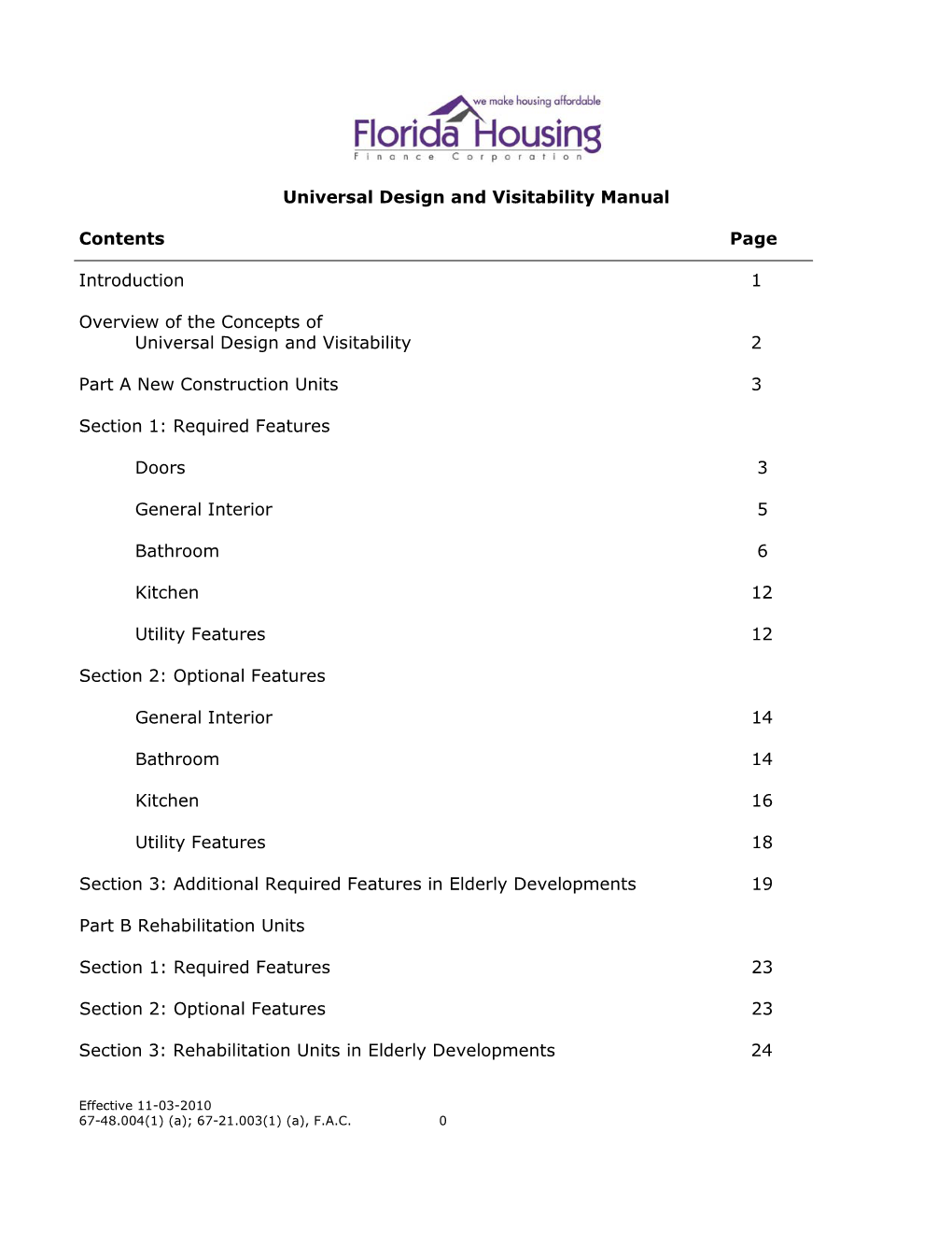 Universal Design and Visitability Manual Contents Page Introduction