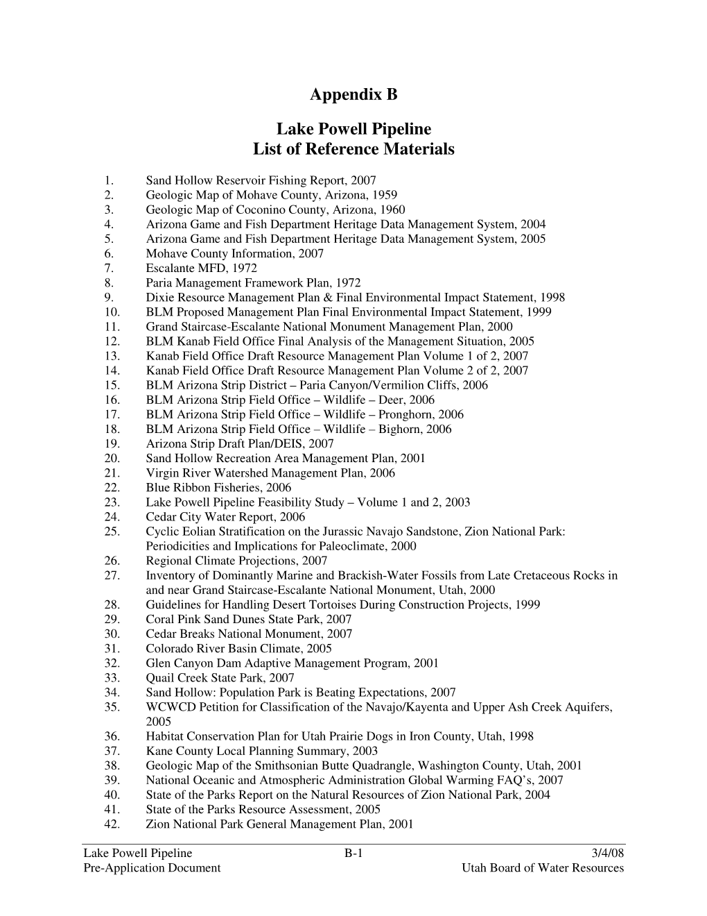 Appendix B Lake Powell Pipeline List of Reference Materials