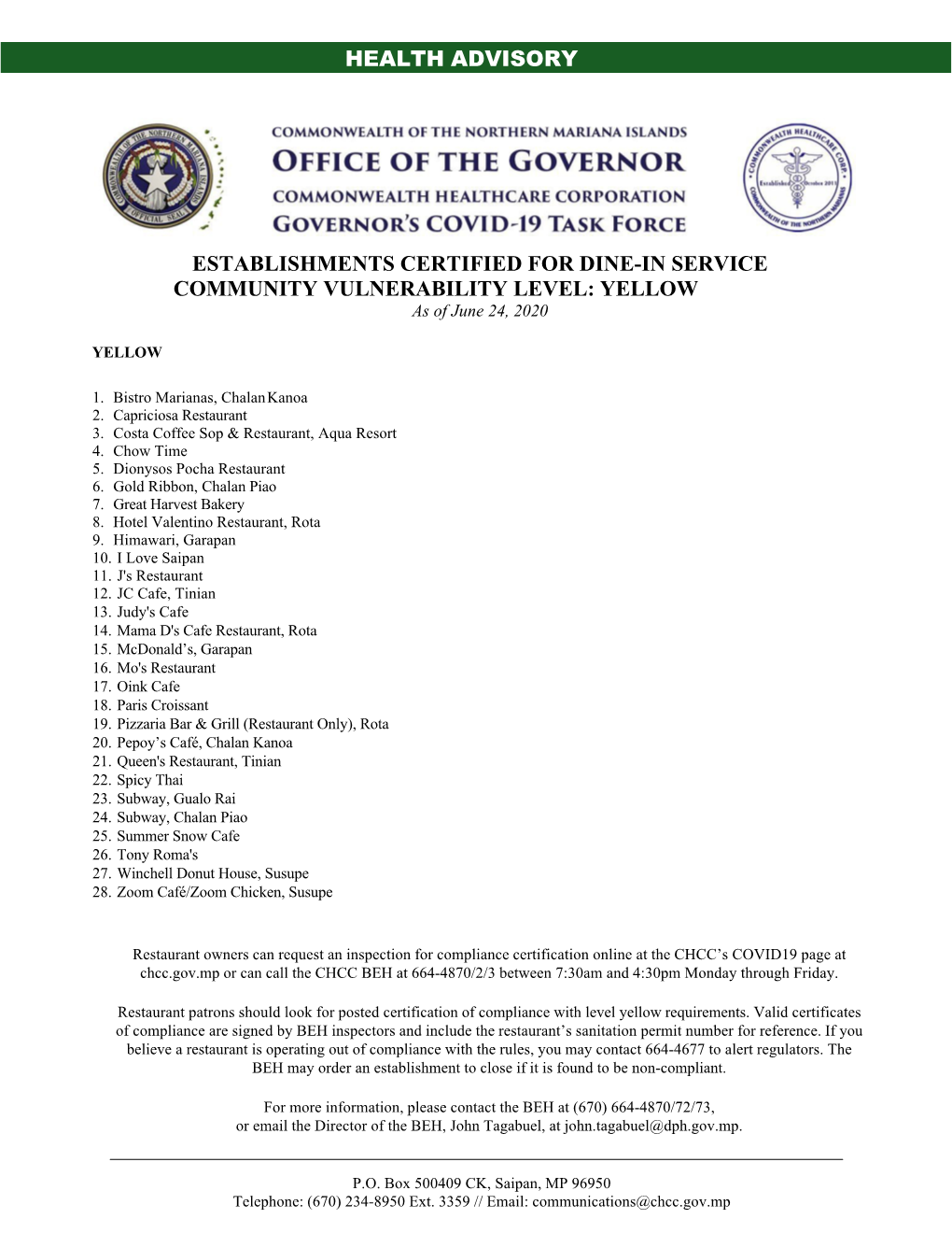 ESTABLISHMENTS CERTIFIED for DINE-IN SERVICE COMMUNITY VULNERABILITY LEVEL: YELLOW As of June 24, 2020