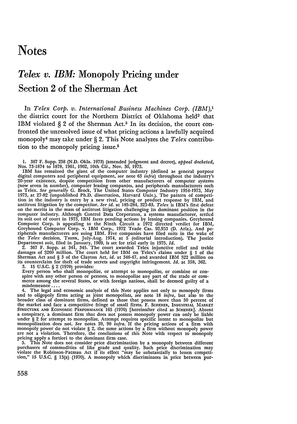 Telex V. IBM: Monopoly Pricing Under Section 2 of the Sherman Act