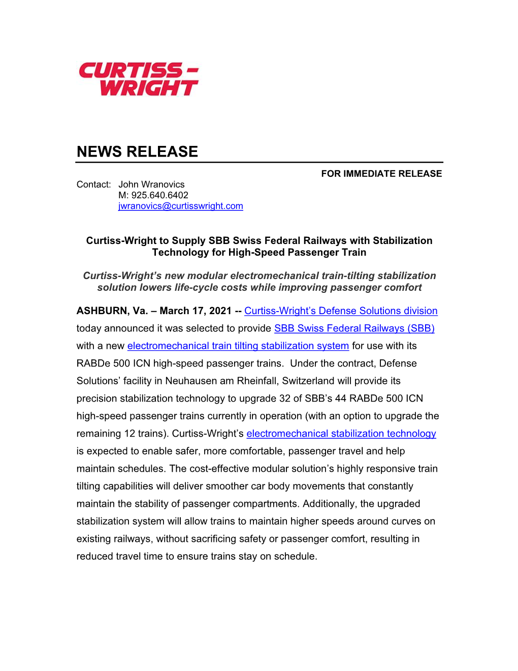 Curtiss-Wright to Supply SBB Swiss Federal Railways with Stabilization Technology for High-Speed Passenger Train