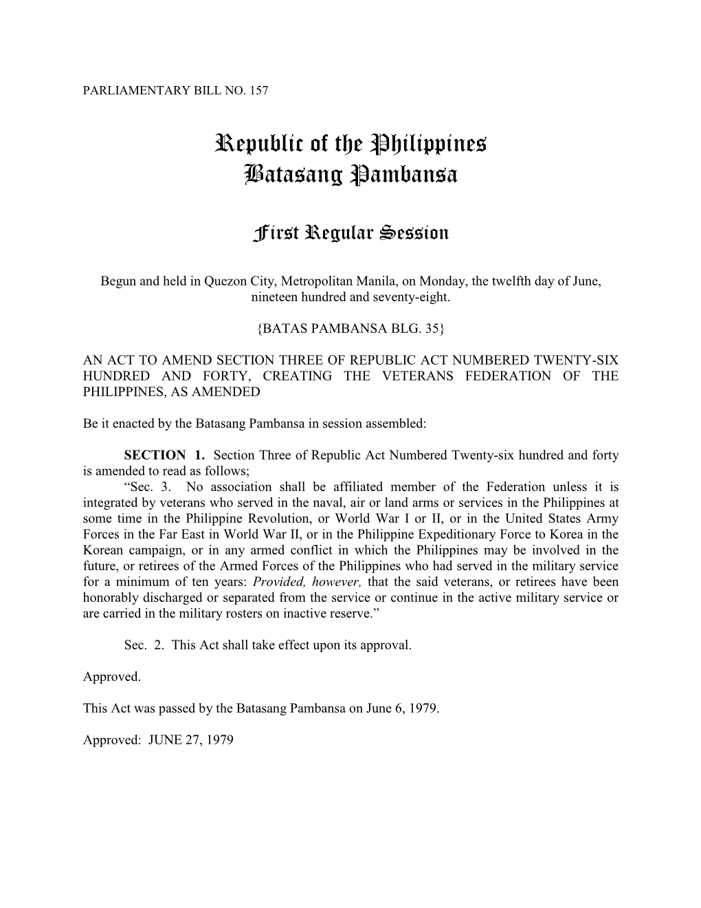 Republic of the Philippines Batasang Pambansa