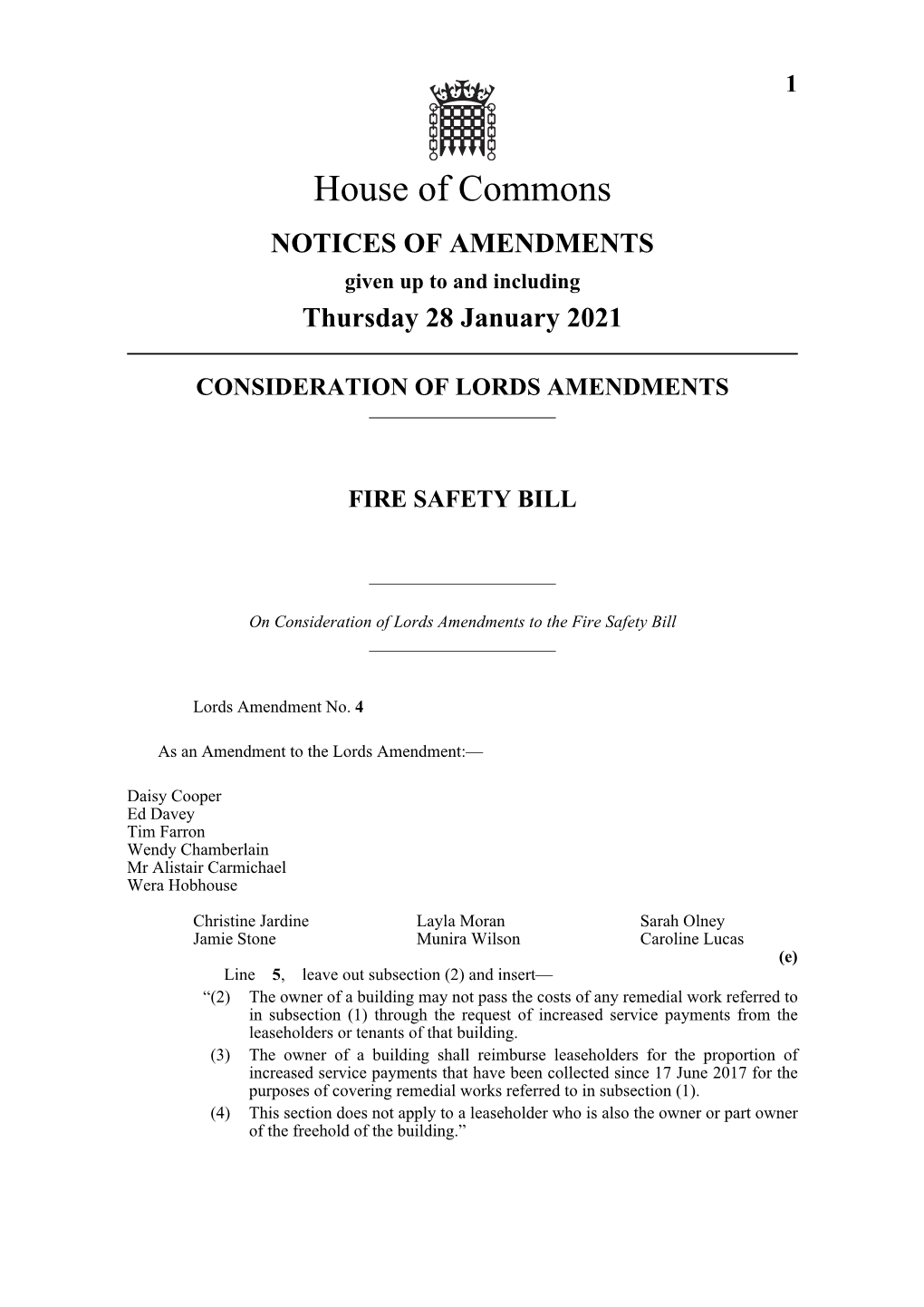 House of Commons NOTICES of AMENDMENTS Given up to and Including Thursday 28 January 2021