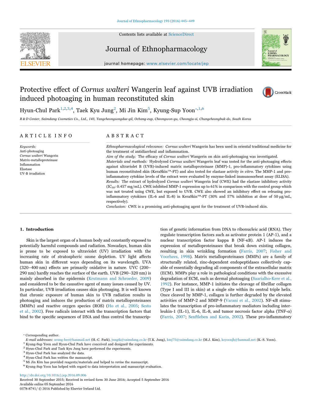 Protective Effect of Cornus Walteri Wangerin Leaf Against UVB