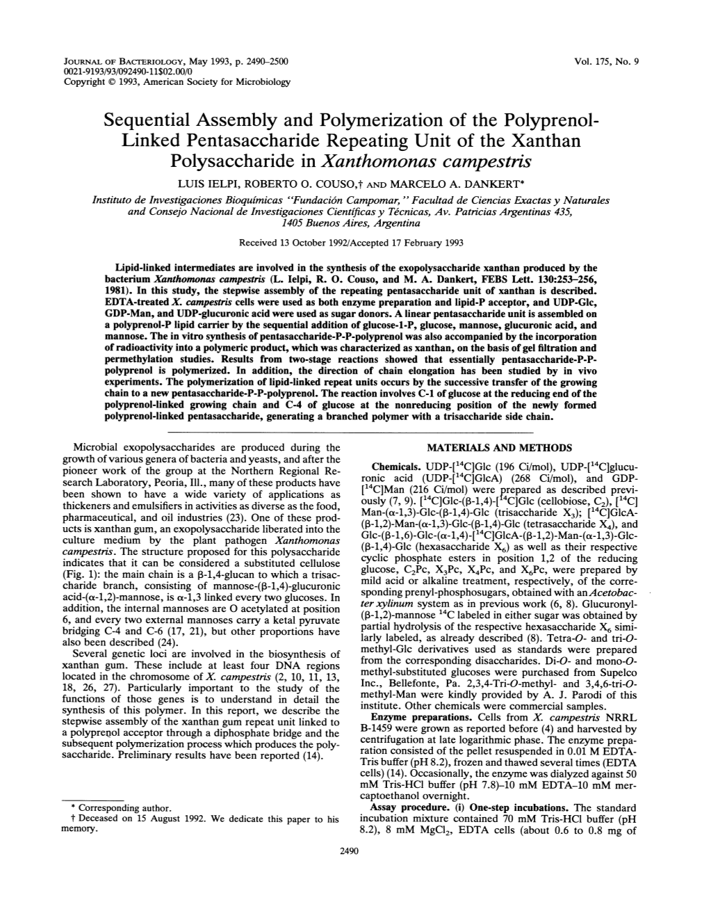 Sequential Assembly and Polymerization of the Polyprenol- Linked Pentasaccharide Repeating Unit of the Xanthan Polysaccharide in Xanthomonas Campestris