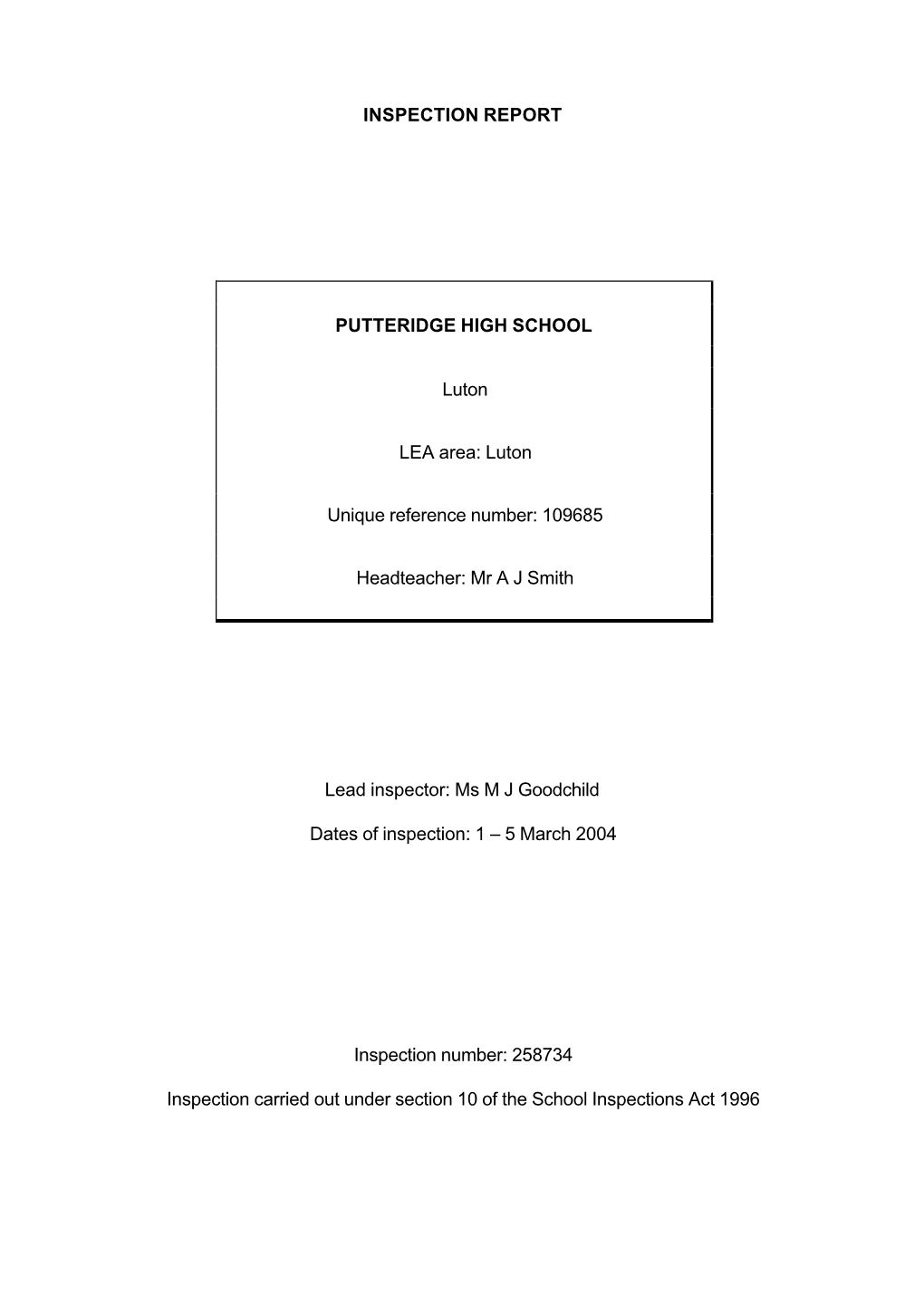 Inspection Report Putteridge High School