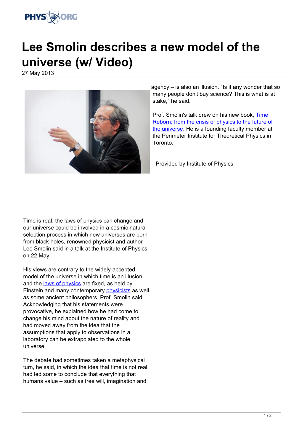 Lee Smolin Describes a New Model of the Universe (W/ Video) 27 May 2013
